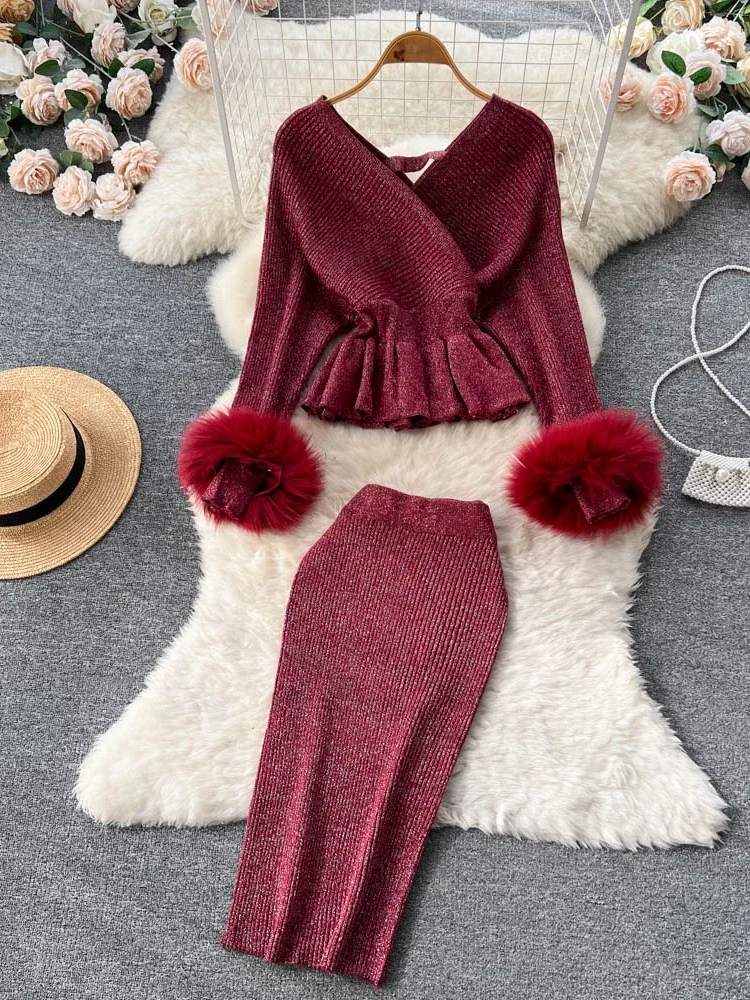 

Autumn Winter Women Skirt Suit European Premium Set Long Sleeve V-neck Knitted Sweater High Waist Wrap Hip Two Piece Set D2201