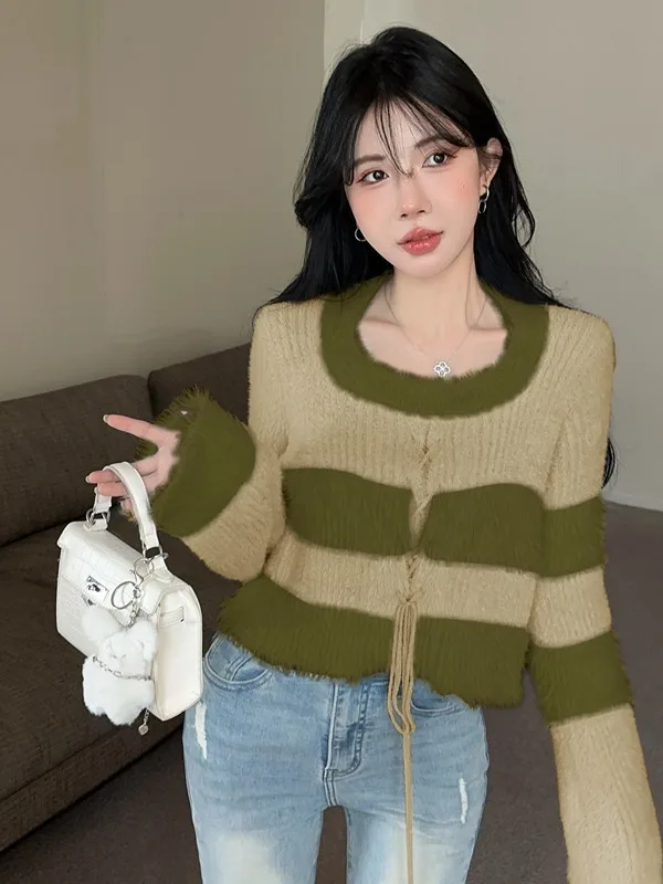 سترة محبوكة من Sweet Sle ort مع نمط شريطي وربطة عنق للنساء مادة Plu لون عتيق أنبوب مستقيم مناسب #4