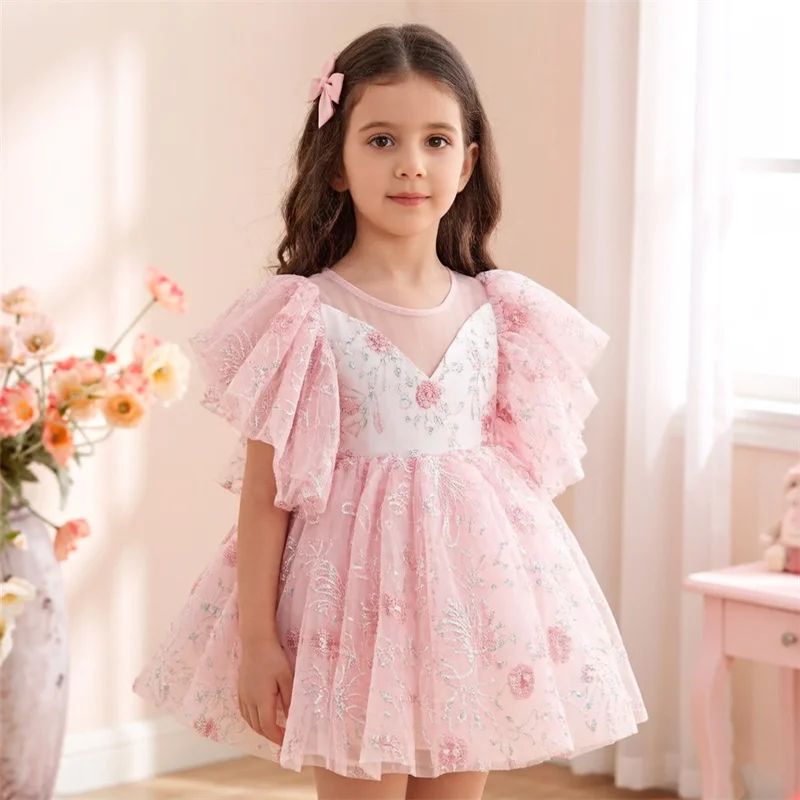 

Розовое детское платье принцессы с блестками и кружевом для девочек, детское платье для первого причастия, бальное платье, платье для свадебной вечеринки, платье на день рождения