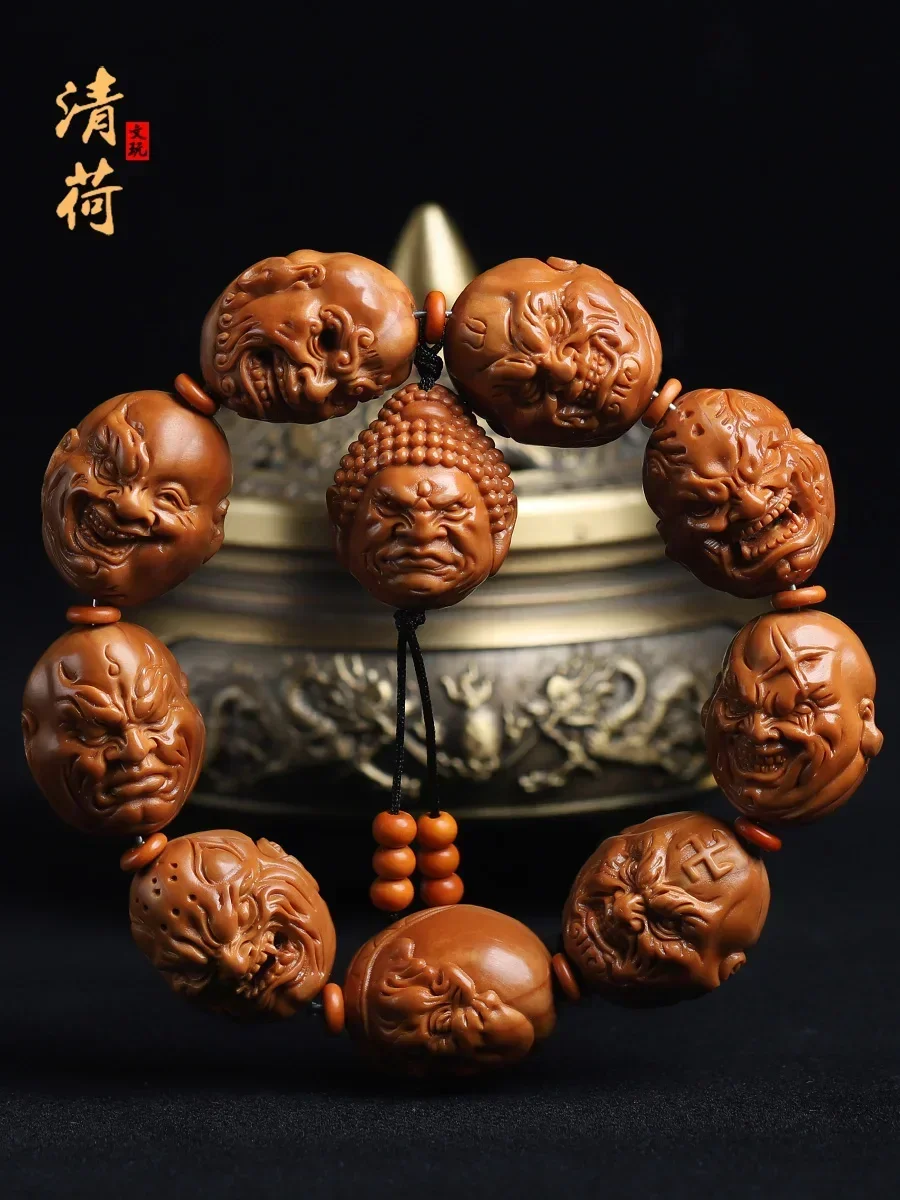 

High Grade Olive Nuclear Bracelet Mountain Ghost Evil Monk Buddha Beads Carved Handpiece 2.1 Big Seed Hand Carved Hand String