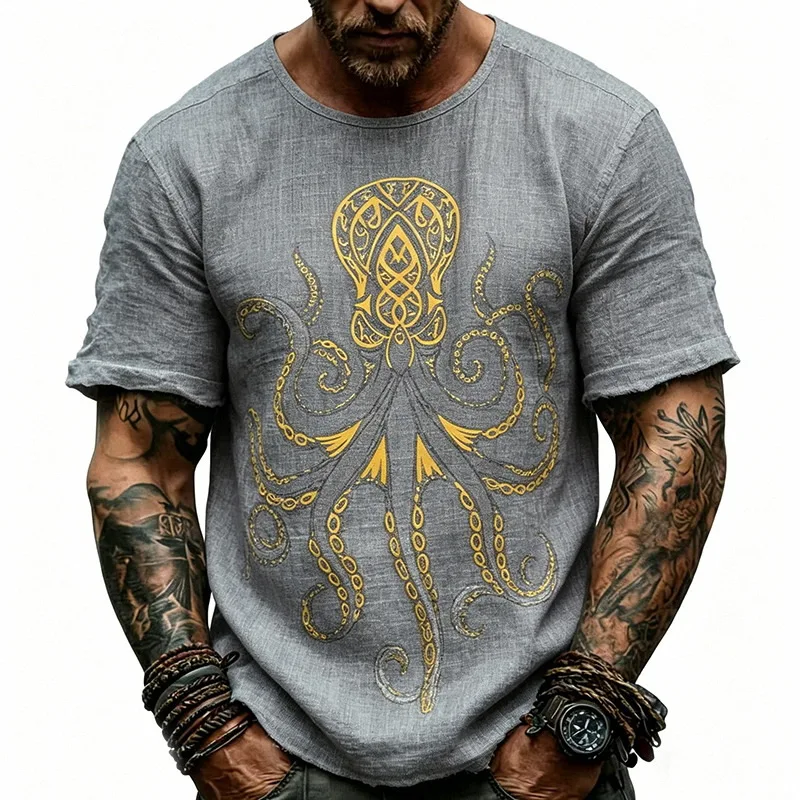 European and American Summer Men's Linen Casual Loose Slub Gold Foil Printed Crew Neck Short Sleeve T-shirt MGTZ-28