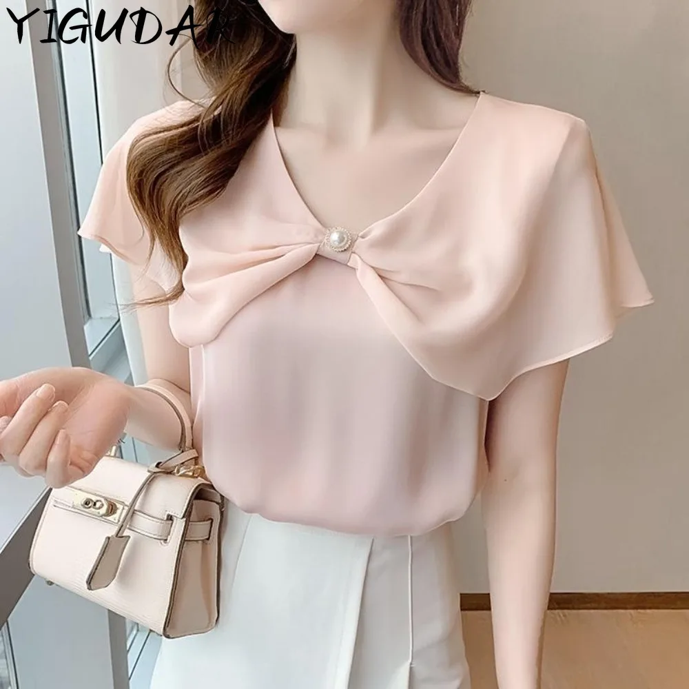 Fashionable and stylish short sleeved chiffon shirt for women\'s summer wear in 2024 new design sense bow slimming thin top women