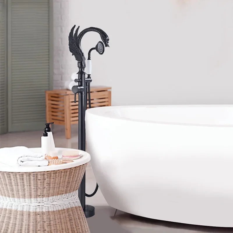 Black Bathroom Bathtub Faucet Floor-standing Hot and Cold Mixer Taps Special Swan-shaped Water Outlet  Floor