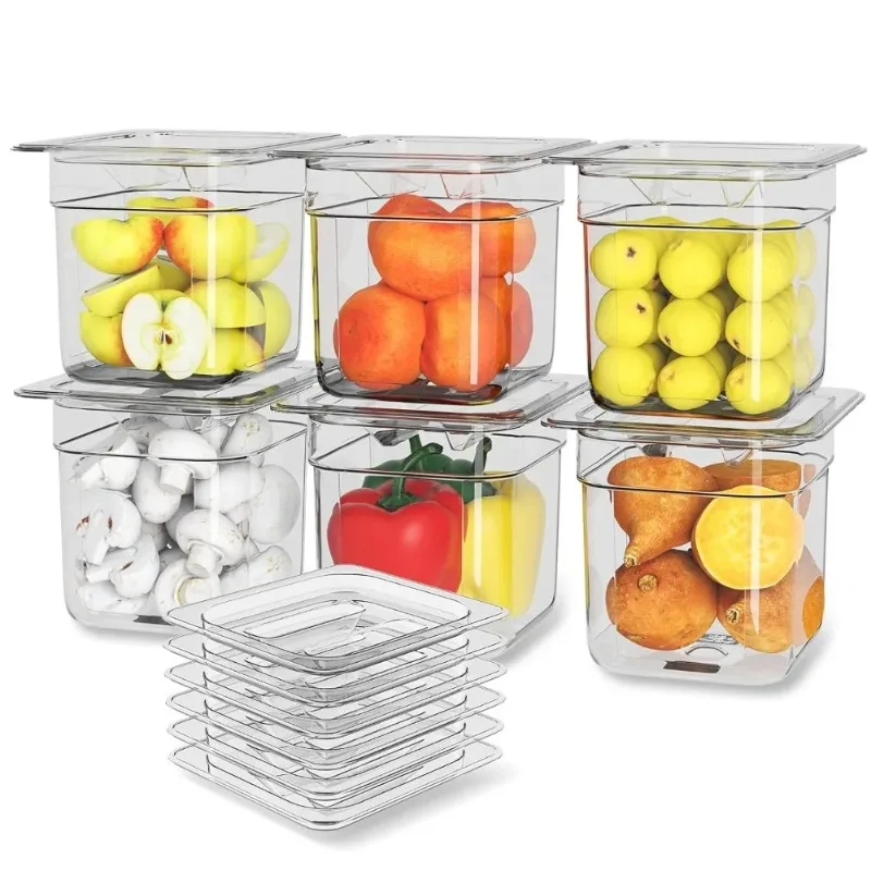 6-Pack Plastic Food Pans with Lids 1/6 Size 6 Inch Deep Restaurant Clear Food Storage Containers Polycarbonate for Fruits,