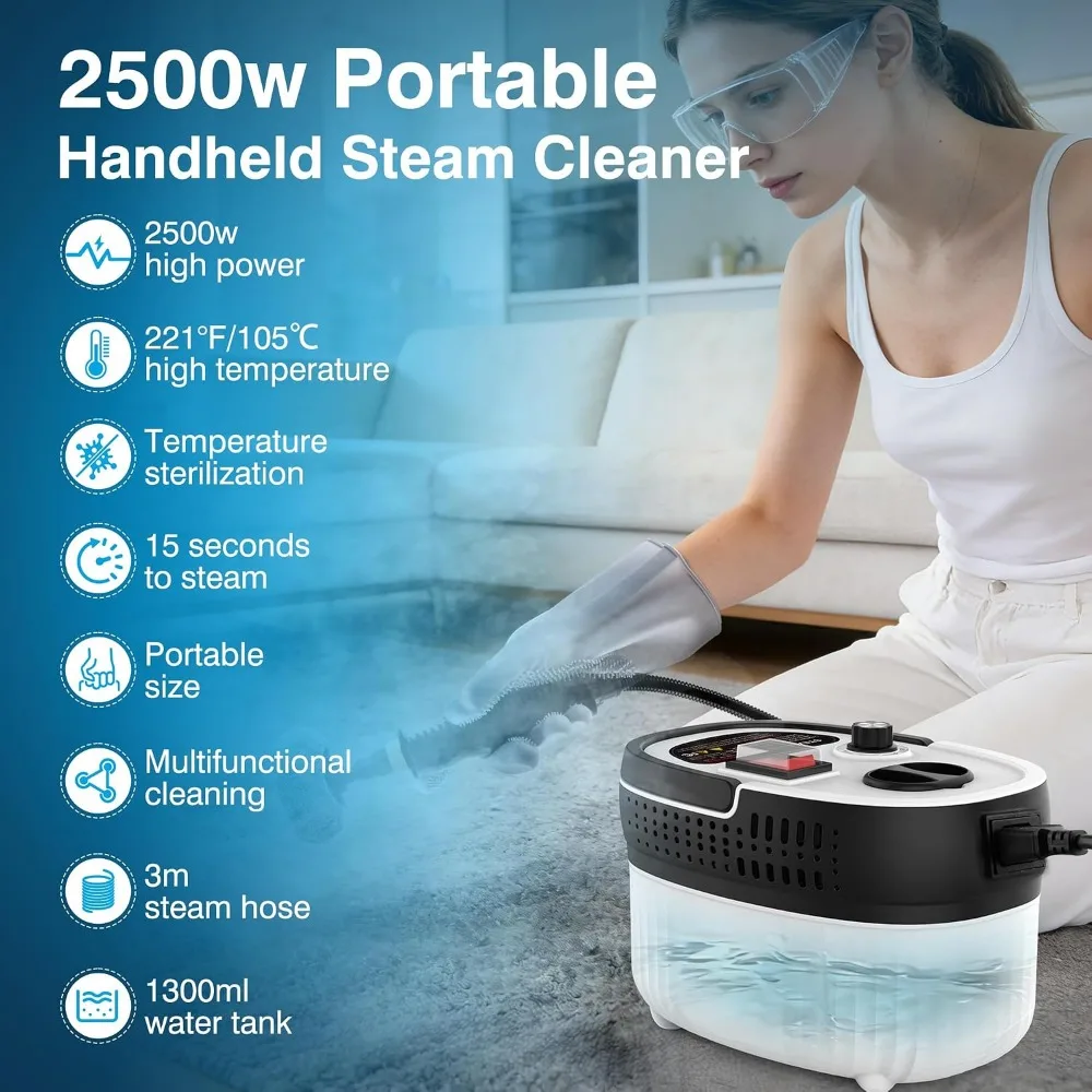 2500W High-Pressure Steam Cleaner for Home & Car, 15s Heat-Up, 6-Level Steam, 17-Pcs Kit, ANSI Z87.1 Goggles view 2
