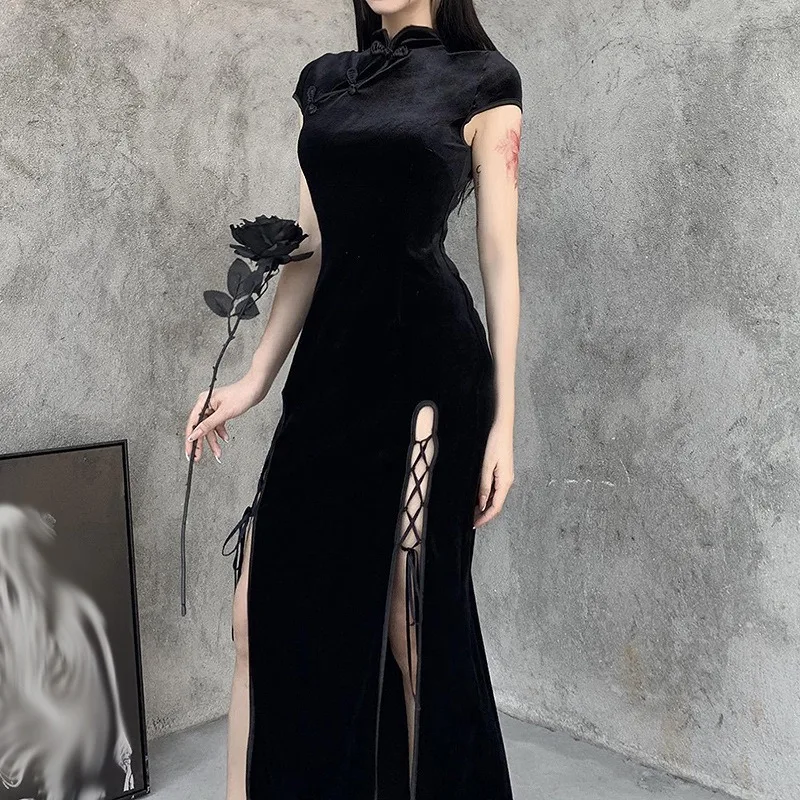 Chinese Retro Black Cheongsam Lady Elegante Avondjurken Feest Gothic Qipao Vrouwen Hoge Split Bandage Sexy Oosterse Lange Jurk