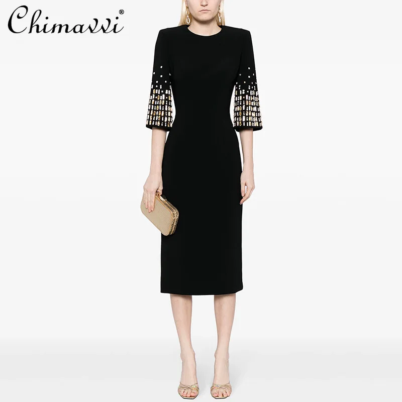 

French Temperament Commute Heavy Industry Beads Diamond Round Neck Half Sleeve High Waist Slim Elegant Black Evening Dress Women