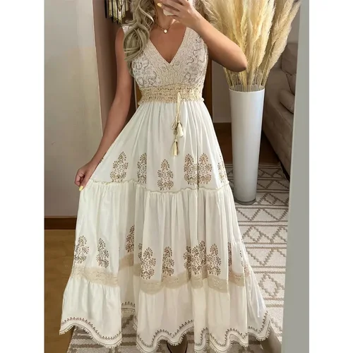 Imagen 1 del producto Vestido bohemio de playa de verano sin mangas con estampado Floral y cuello en V vestido largo fluido para mujer resort vacaciones fiesta traje Casual moda