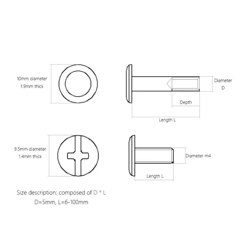 M5 Nickel/Copperr Plated Carbon Steel Leather Bag Belt Photo Scrapbook Album Book Post Binding Rivet Chicago Stud Screws