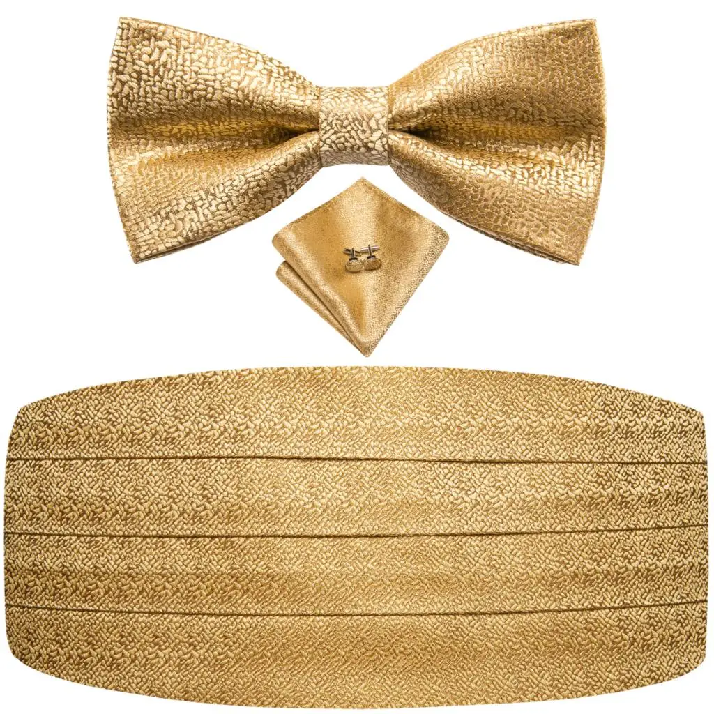 Hi-Tie Gold Silk Mens Cummerbunds Vintage Formal Jacquard Floral Bowtie Hanky Cufflinks Belt Corset For Male Prom Banquet Gift