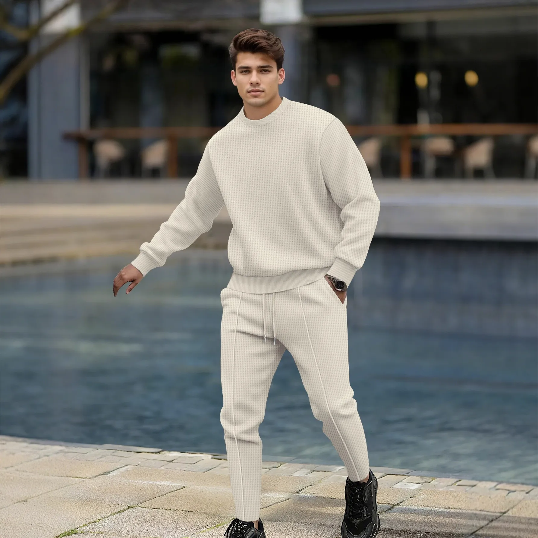 Men's Autumn Fashion Waffle Check Solid Color Long-Sleeved Round-Neck T-Shirt with Long Pants Street Style American Set