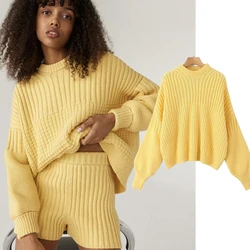 Maxdutti Winter American Retro Yellow Fashionable Pullover Sweater Women Tops Fashion Ladies Loose Dropped Shoulder Knitwear