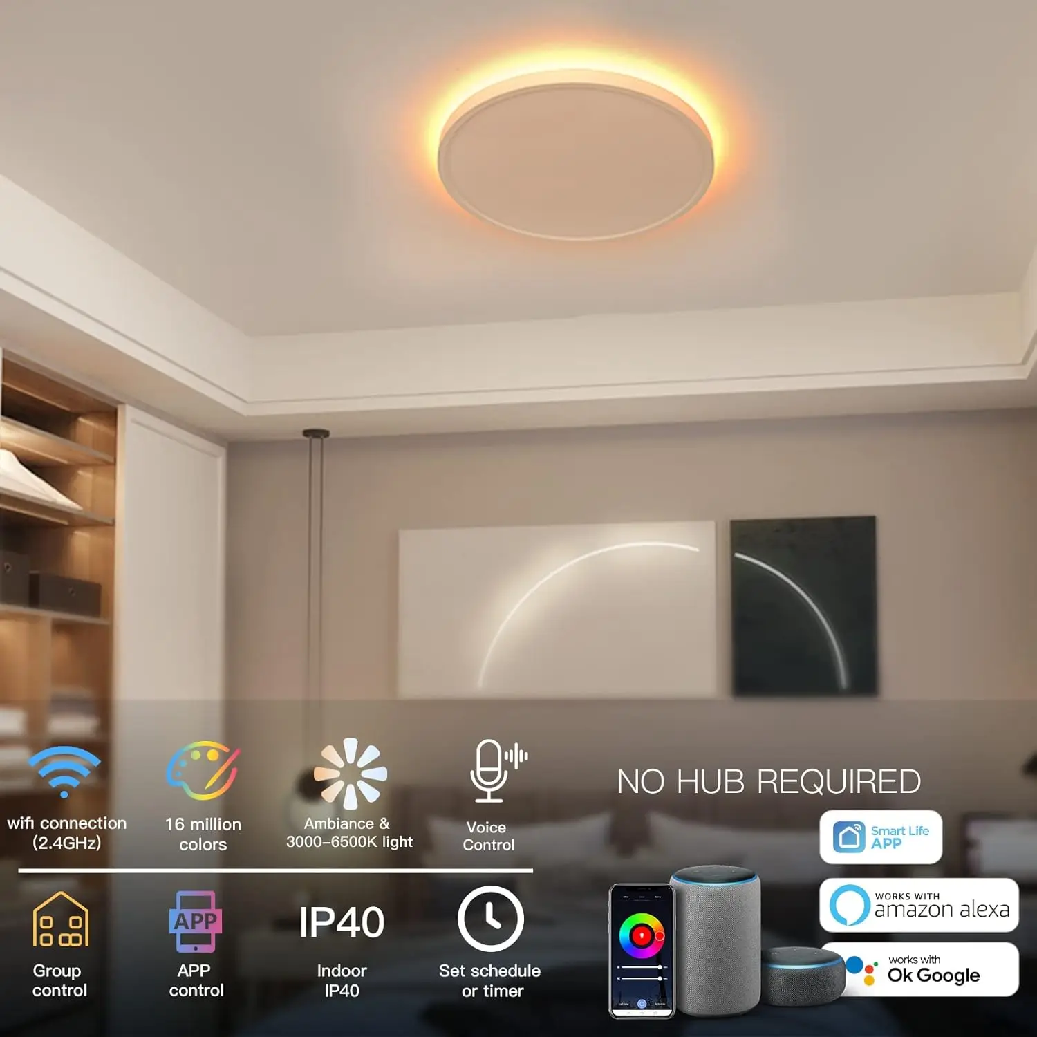 Taloya-RGB luz ambiente, compatível com Alexa, Flush Mount luz de teto, luz do dia, ajustável por App, 12 ", 3000K a 6500K