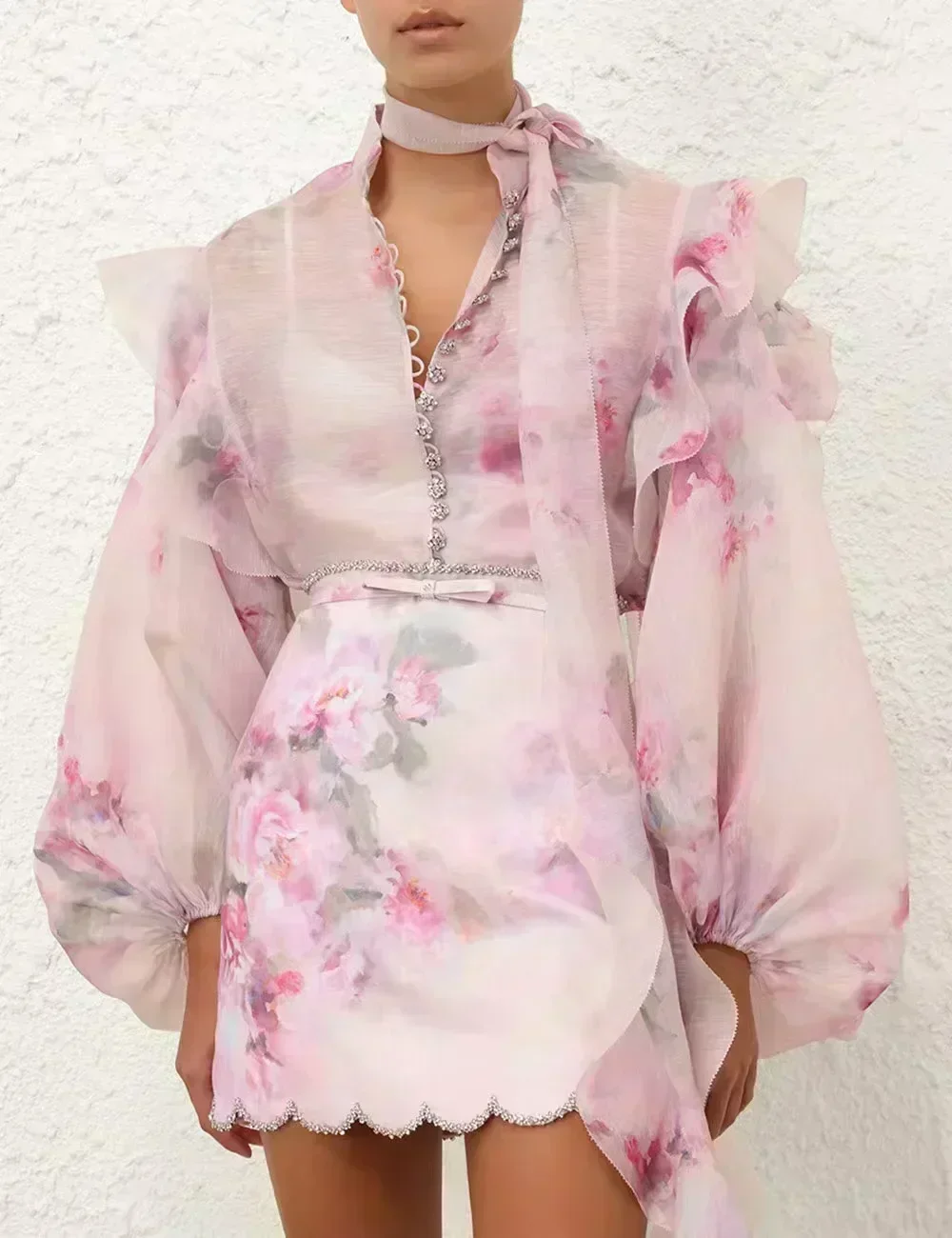 Pink Romantic Women New Oufit Series High Quality Floral Print Ruffles Bow Diamonds Lantern Sleeve Blouse and Mini Skirt Set