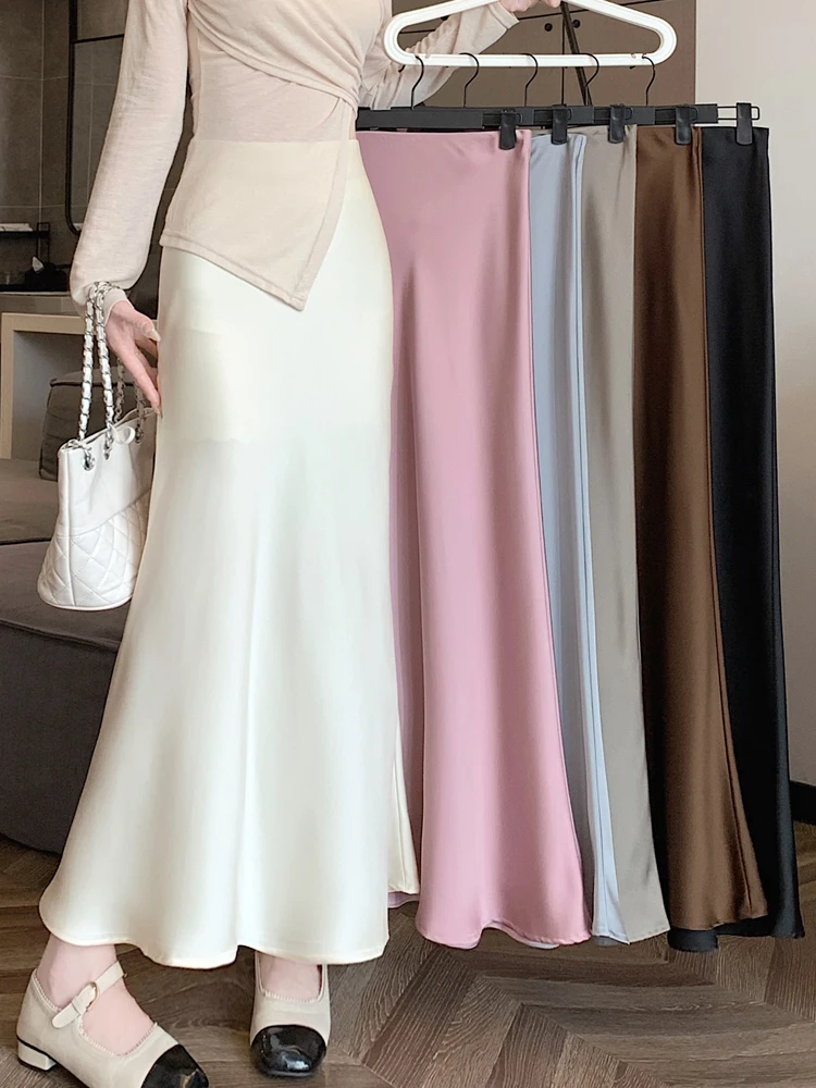 

2024 New Smooth Satin Skirt Vertical Mid Length High Waist Slim Versatile Fishtail Long Skirts Fashion Summer Women's Clothing