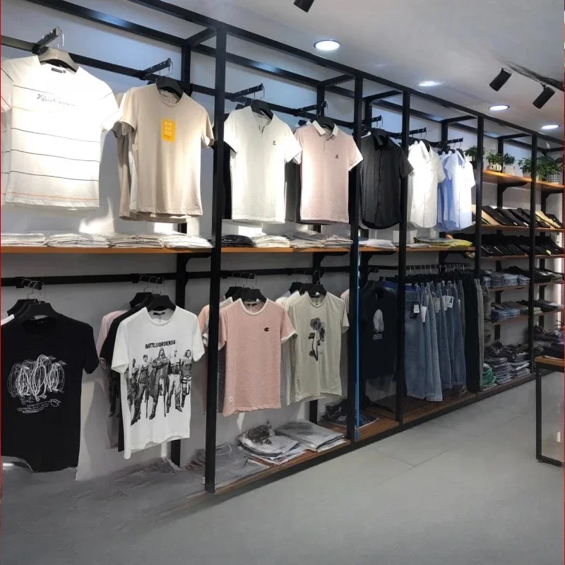 

Clothing store shelf display rack men's clothing floor-to-ceiling