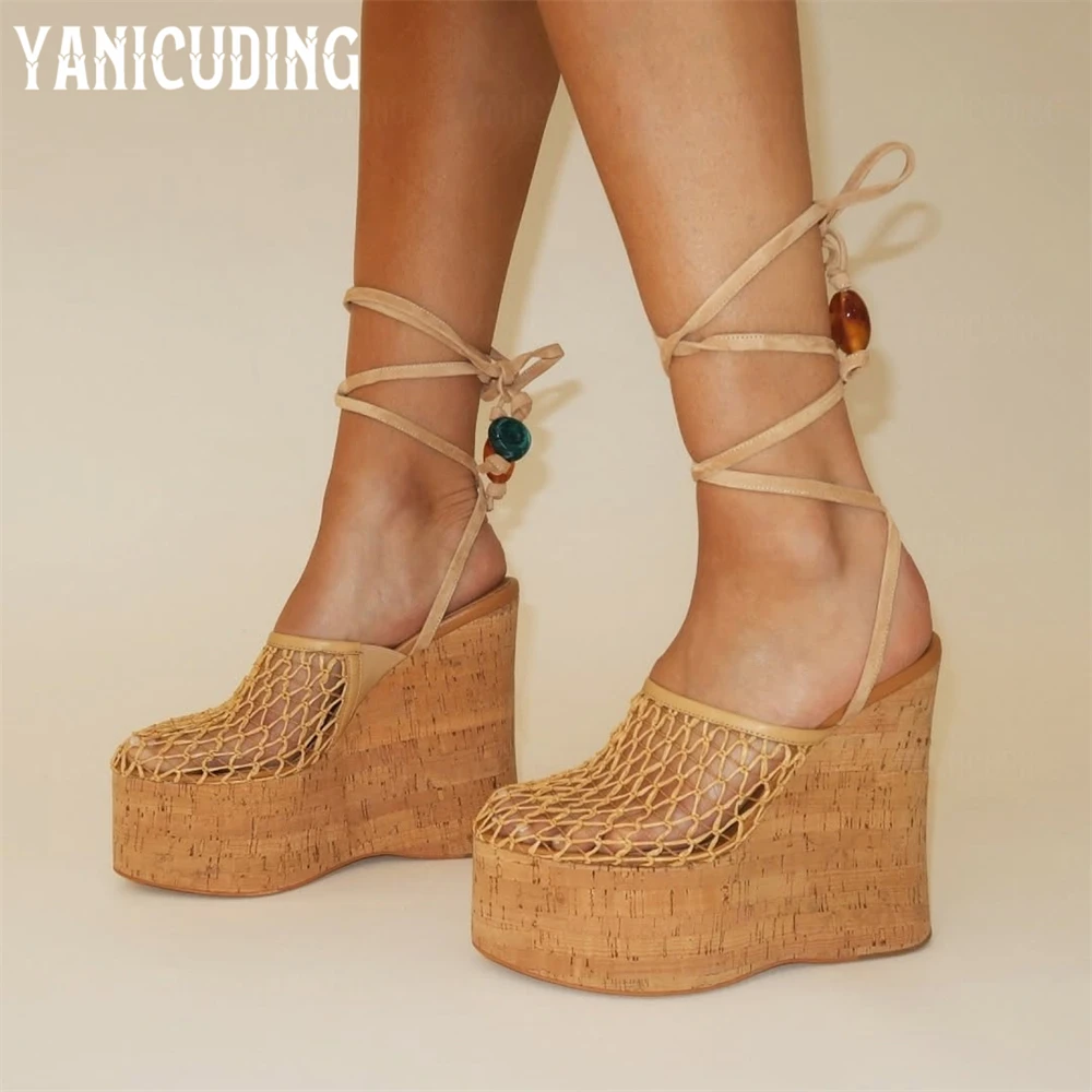 Woven Fishnet Platform Wedge Clog Sandals Ankle Strap Summer High Heel Sandals Designer Style Handmade Wedge Sandals for Women