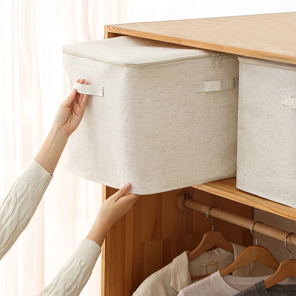 Foldable Storage Bins With Zipper Lid Storage Boxes With Handles PP Plastic Board  Lidded Cotton Linen Fabric Home Cubes Baskets