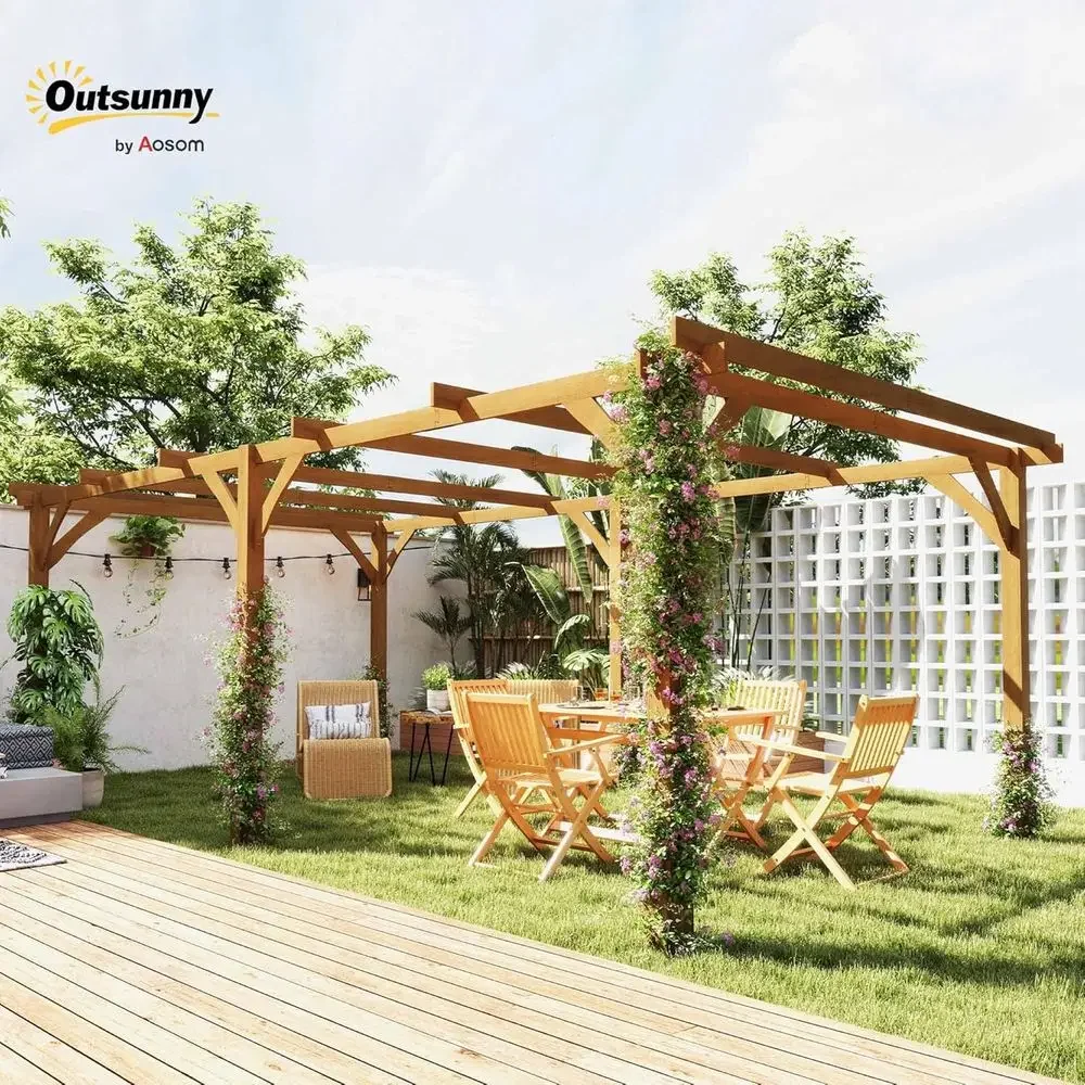 20' x 10' Outdoor Pergola, Wood Gazebo Grape Trellis with Stable Structure and Concrete Anchor ClimPlant Support, Garden, Patio, view 2