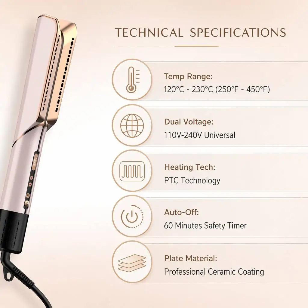 Professional Champagne Gold Airflow Hair Straightener, Ceramic Ionic Flat Iron, LCD Display, 360 Swivel Cord Styler