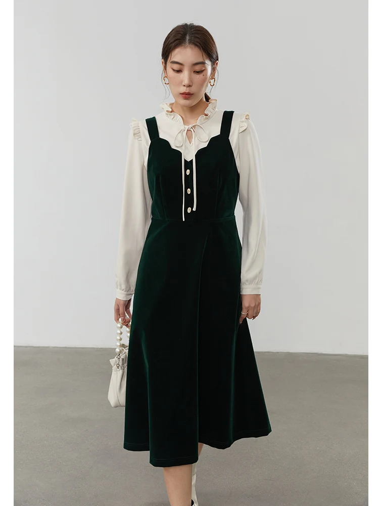 DUSHU Retro Petal Collar V-neck Camisole Dress Autumn Winter Design Sense Stacked Long A-Line Skirt Female Vintage Strap Dress