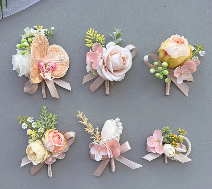 

6-piece set of champagne-colored Phalaenopsis orchids for bride and groom, bridesmaids' wrist corsages, groomsmen's boutonnieres