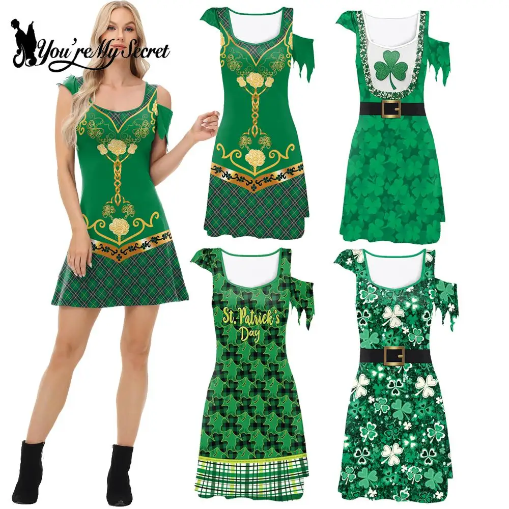 [You're My Secret] Funny Women Dress Cosplay Green Clover Printing St'patrick's Day Party Sleeveless Asymmetrical Female Dresses