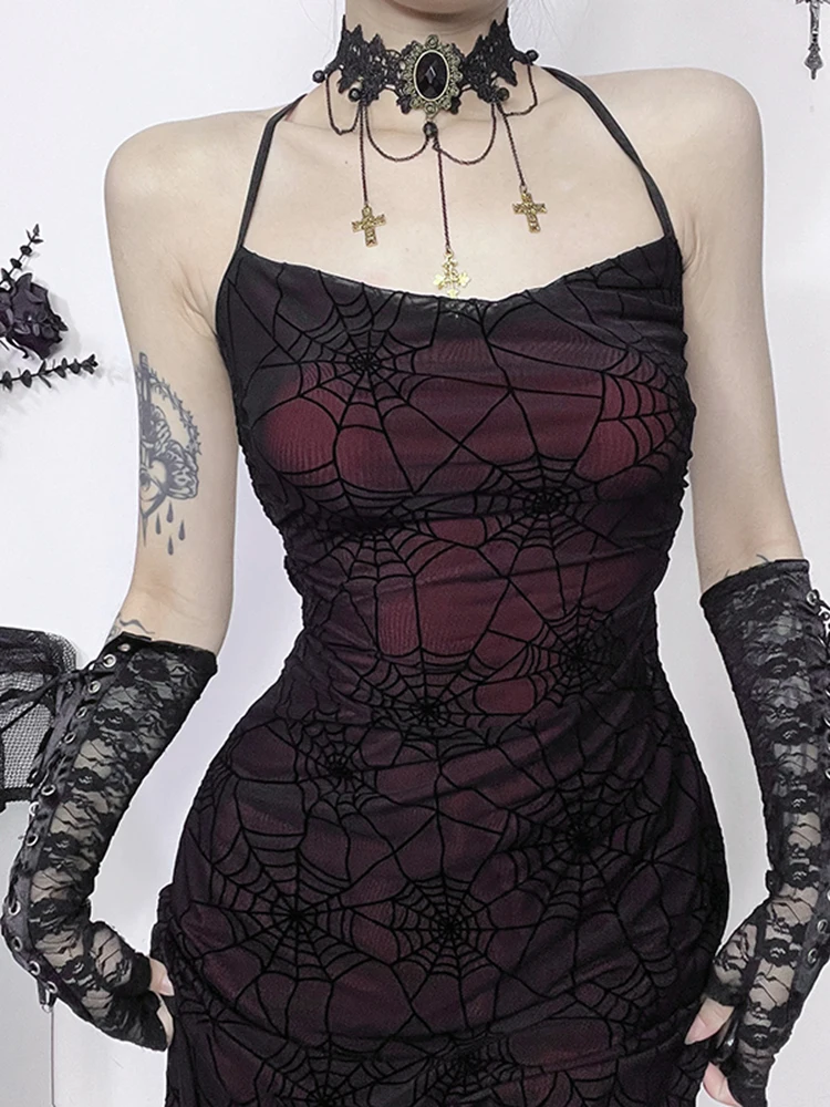 AltGoth Mall Goth Spider Web Dress Women Vintage Dark Coquette Spaghetti Strap High Waist Party Dress Y2k Emo Alt Indie Outfits