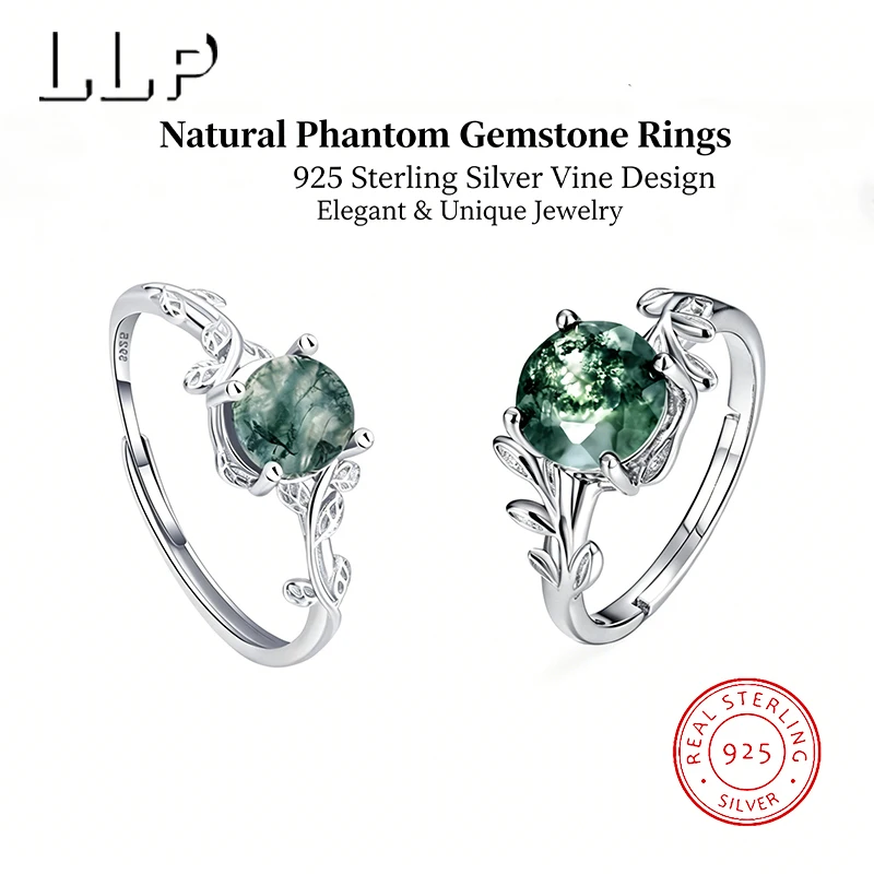 

925 Sterling Silver Moss Agate Ring Leaf Vine Design Adjustable Promise Ring for Women Natural Green Gemstone Jewelry Gift