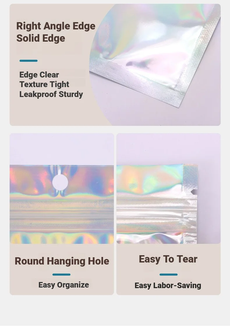 Holographische wiederverschließbare Ziplock-Mylar-Beutel für die Aufbewahrung von Süßigkeiten, Tee, Schmuck und Kosmetikartikeln – Detail 4