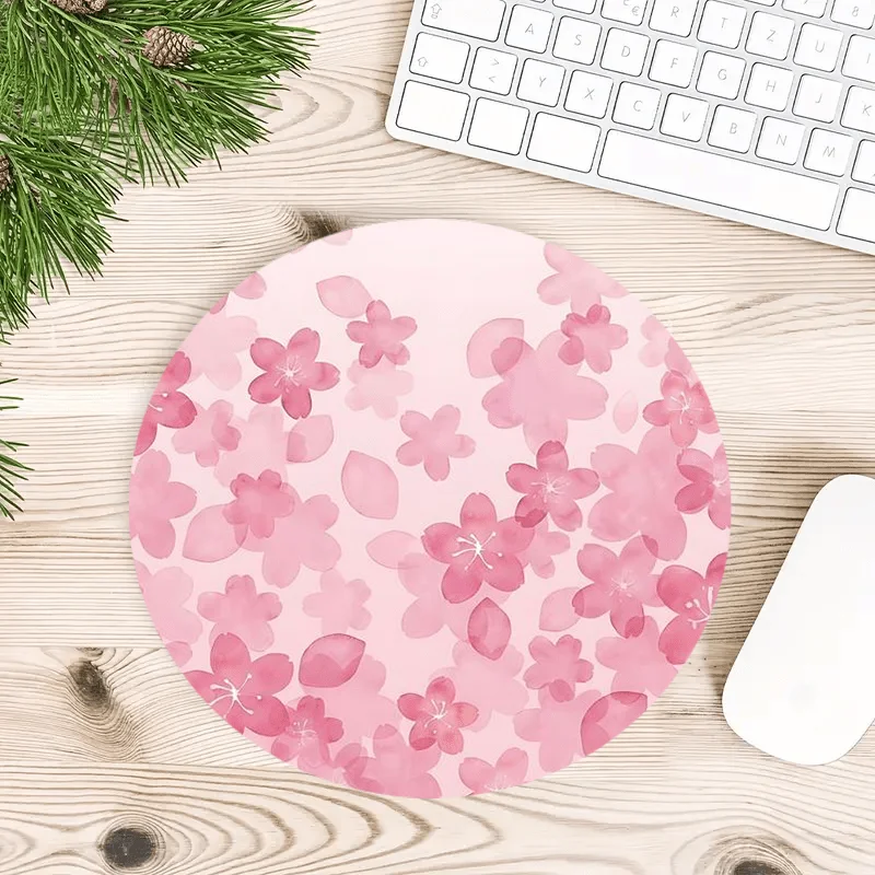 Round Sakura Mouse Pad - Non-Slip Rubber Base, Portable Desk Mat Suitable for Office and Home, Durable Cute Pink Design