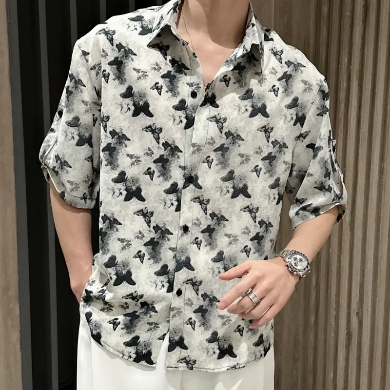 Retro Trendy Summer Ice Silk Fabric Men\'s Printed Turn Down Collar Versatile Middle Sleeve Loose Single Breasted Shirt Top