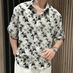 Retro Trendy Summer Ice Silk Fabric Men's Printed Turn Down Collar Versatile Middle Sleeve Loose Single Breasted Shirt Top