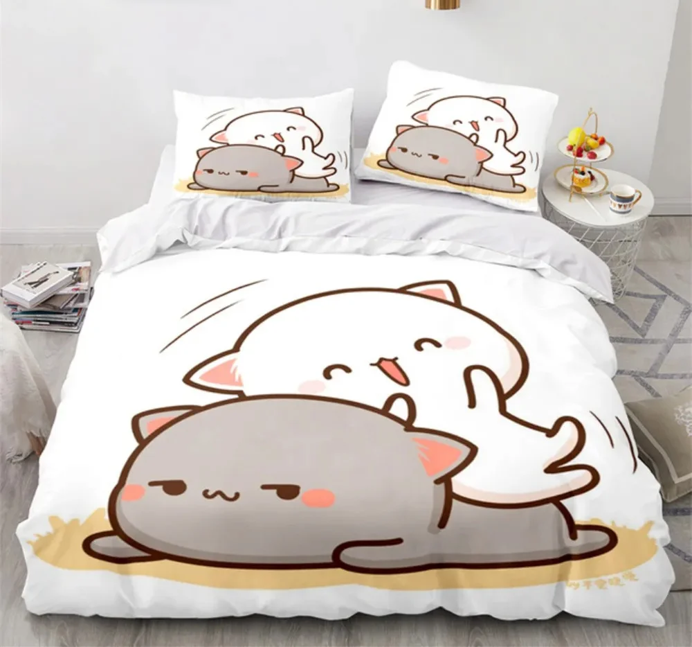 Peach Cat Bedding Quilt Cover Set 3Pcs Bedding Set Goma Cute Cats Duvet Cover Infantil Bedclothes Single Double Queen King Size