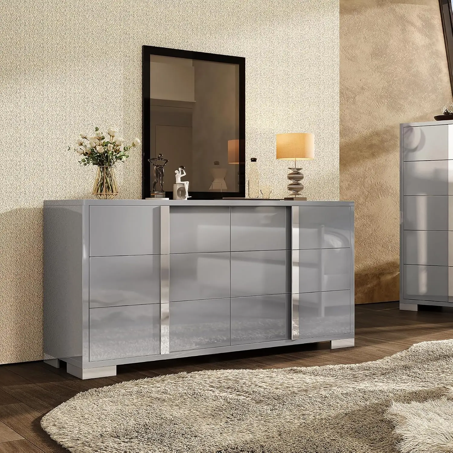 

54" W High Gloss 6 Drawers Dressers with Silver Grooved Handles, Modern Storage Chest of Drawers with Wide Tabletop, for Bedr