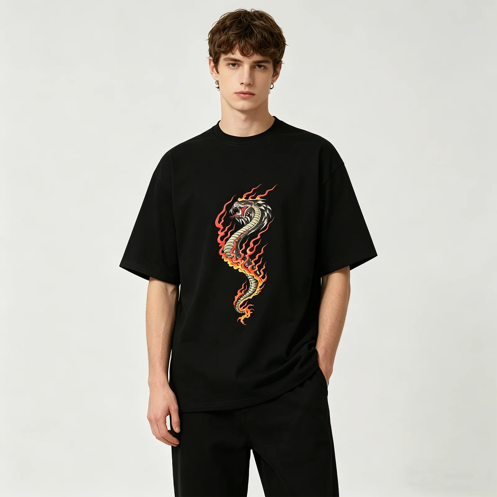 Summer Men's Retro Cobra Fire Tattoo Graphic TShirts Flame Snake Print Casual Tee Cotton Streetwear Relaxed Fit Y2k Clothes