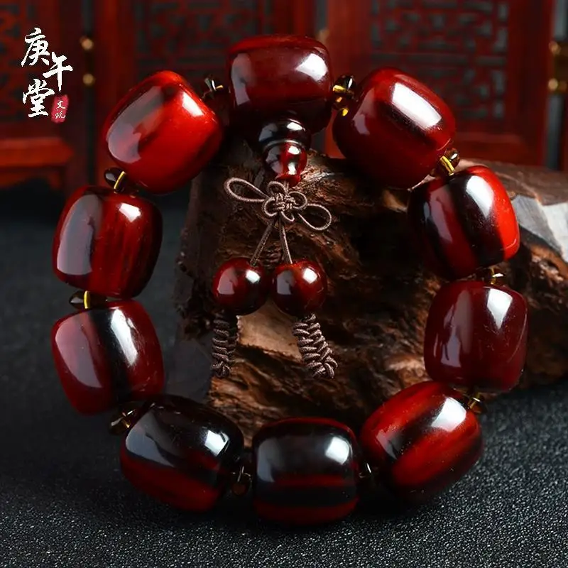 Authentic Tibetan natural old yak , guaranteed genuine with blood streaks, men's red flower horn bracelet, Buddhist