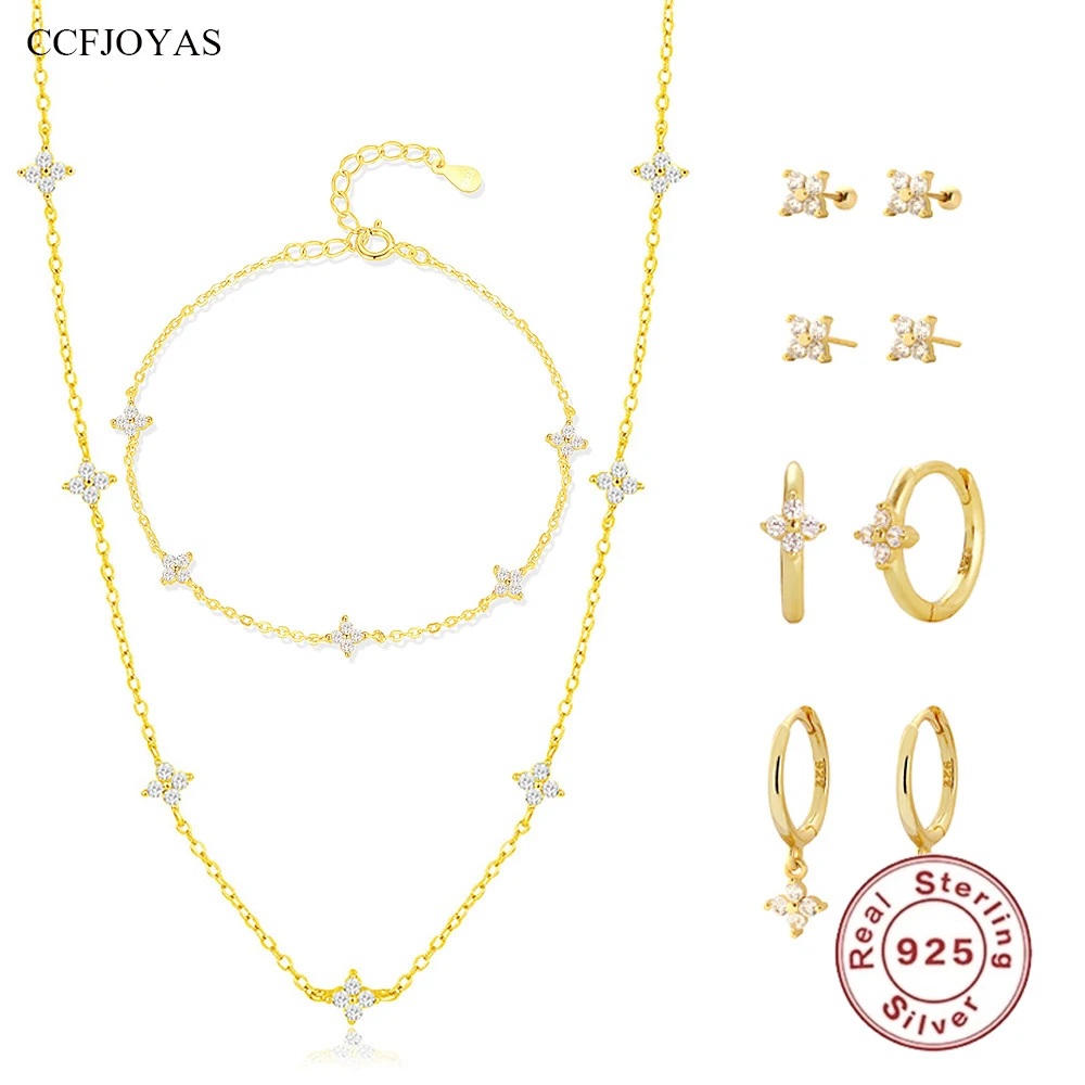 

CCFJOYAS 925 Sterling Silver Mini Cute Flower Earrings/Bracelet/Necklace Set for Women Exquisite Sweet Temperament Jewelry Set