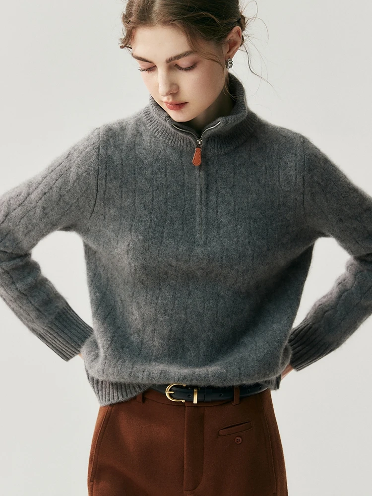Premium Women's Autumn Winter 100% Cashmere Sweater High Neck Half-Zip Cable Knit Pullover Basic Casual Knit