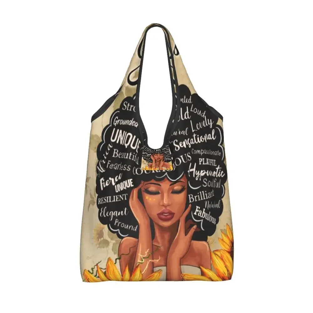 Funny Women Afro You Are Beautiful Shopping Tote Bags Portable African Stunning Glitter Yellow Groceries Shopper Shoulder Bag