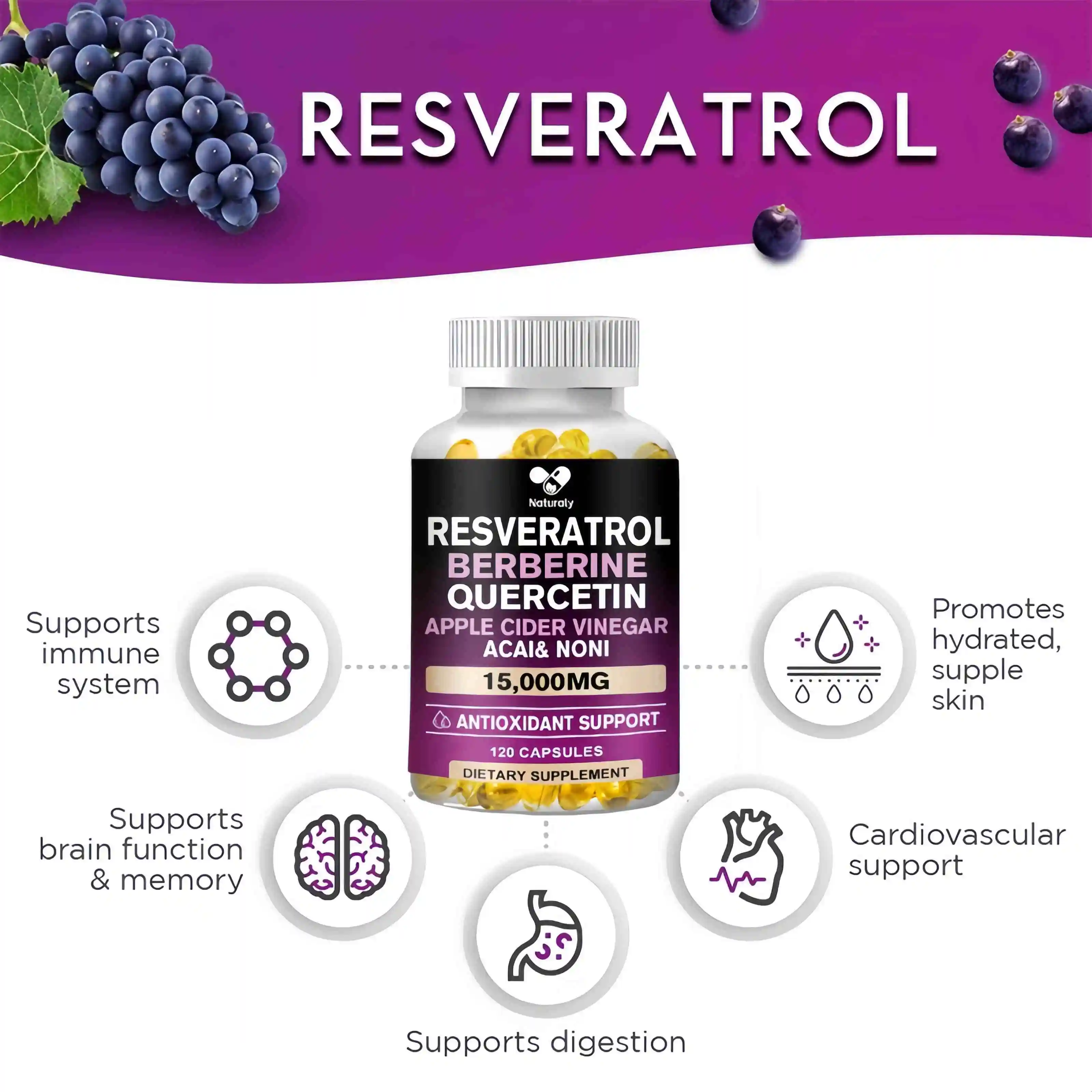 Resveratrol 15000 Mg Powerful Antioxidant and Anti-resveratrol for Anti-aging and Supporting Cardiovascular Health