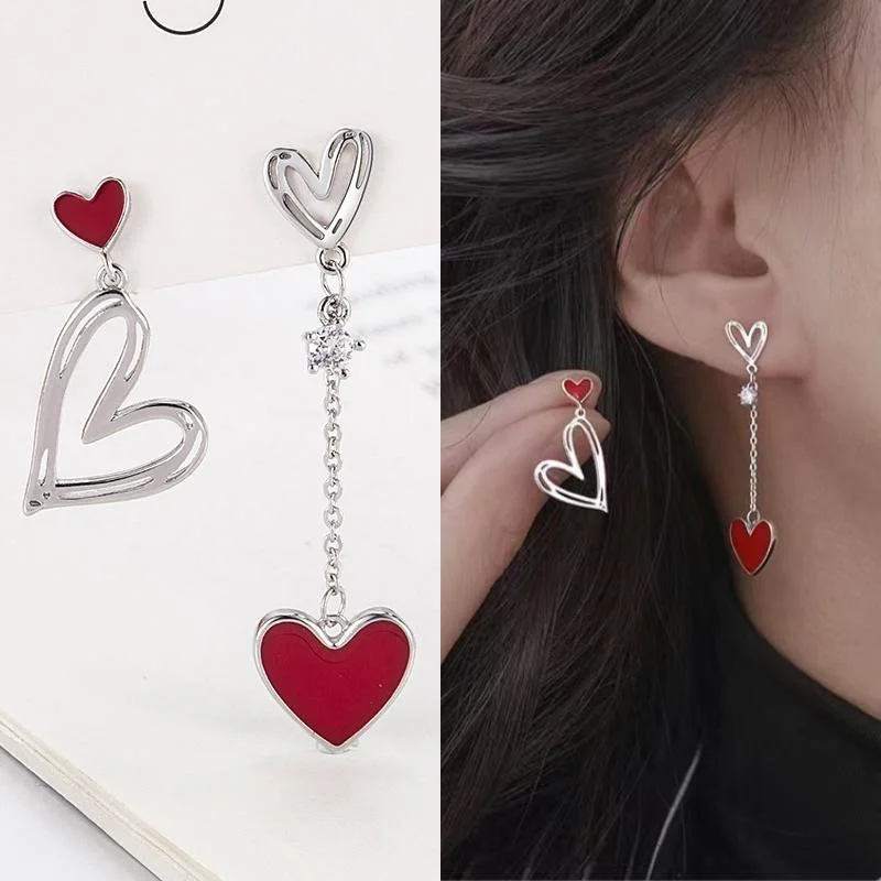 Korean 925 Silver Needle Zircon Asymmetric Heart-shaped Tassel Earrings for Women Fashion Personality Anniversary Party Jewelry