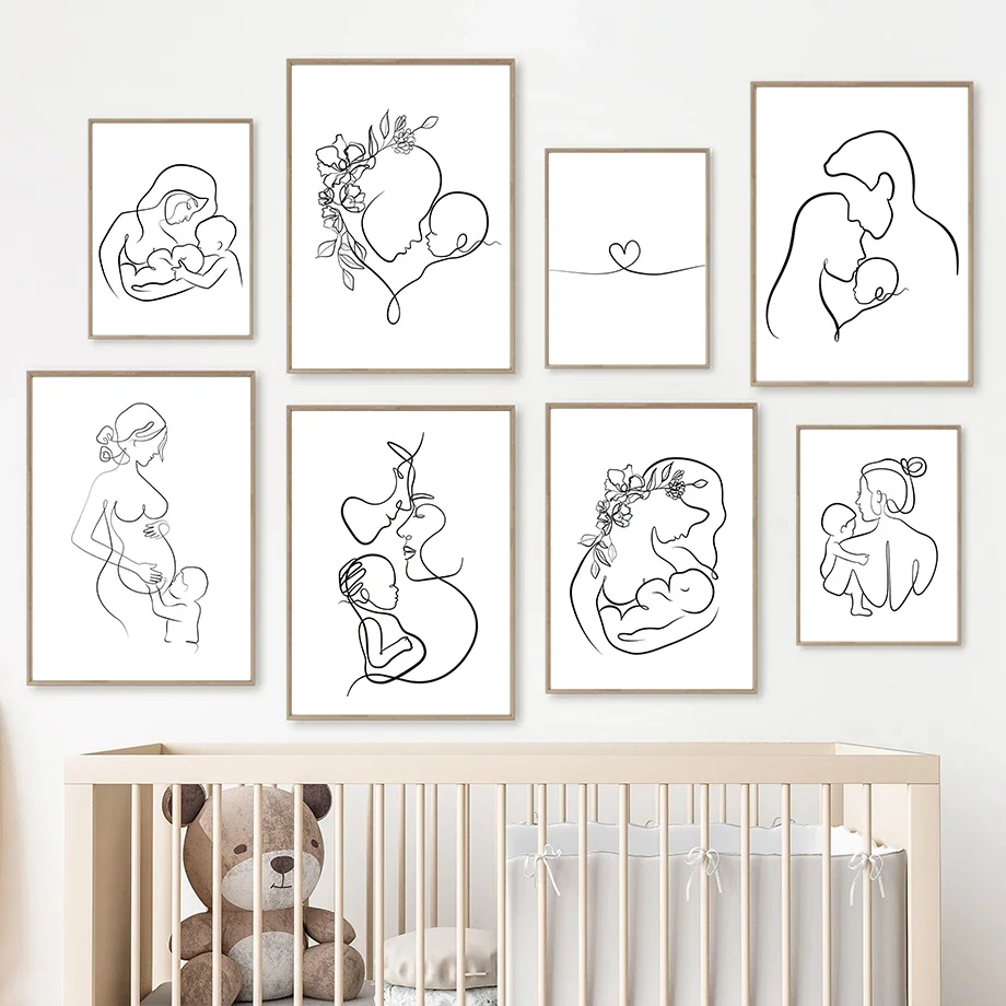 Baby Mum Dad Love Family Black White Nursery Vintage Posters And Prints Wall Art Canvas Painting Wall Pictures Kids Room Decor