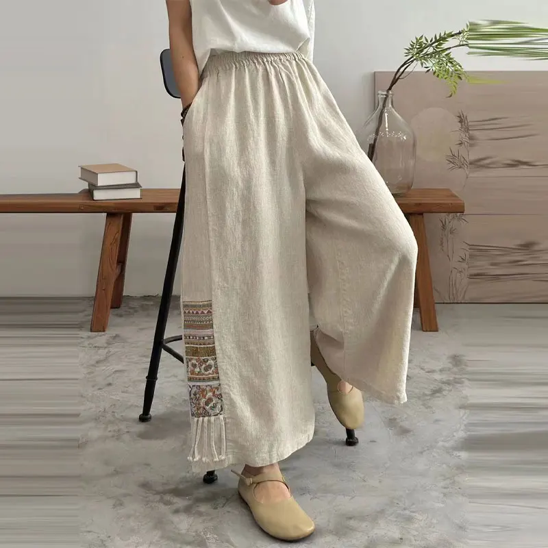 

Female Clothing Folk Embroidery Pants Vintage Wide Leg Summer High Waist Elastic Loose Stylish Spliced Straight Cropped Pants