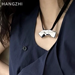 HANGZHI Silver Color Bow Necklace Black Velour Strap Neckchain Choker Sweet Y2K Party Jewelry for Women Girls Korean New