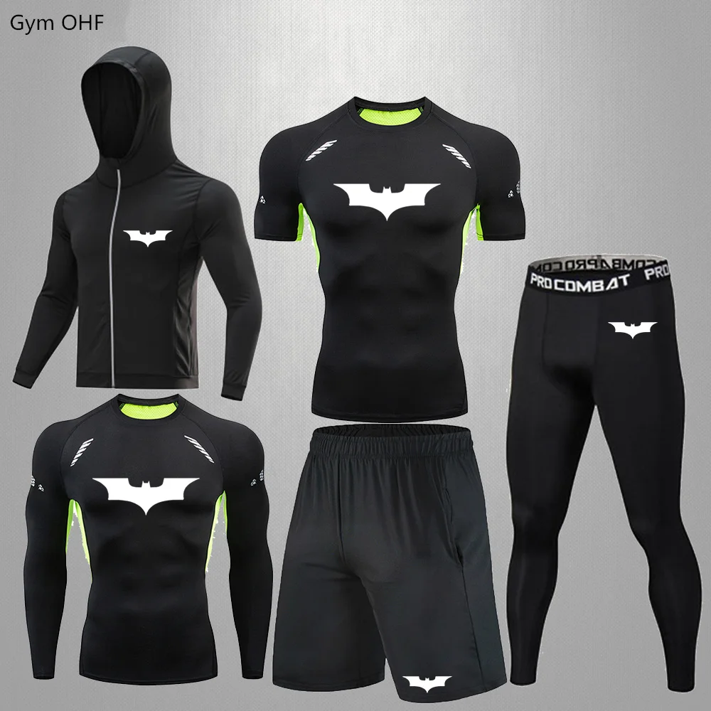 

Rashgarda Men's Fitness Second Skin Compression Shirts Sets Der-Man 5-Piece Sports Suits Gym Leggings Workout Running Shorts Set