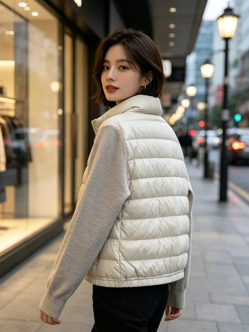 Ladies Cropped Light Down Jacket Knit Sleeve Spliced Stand Collar Zipper Warm Winter Puffer Coat