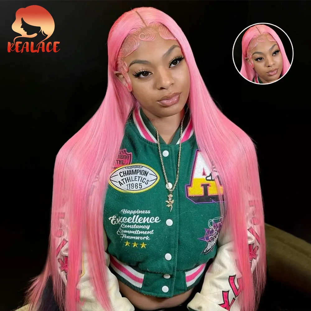 

Розовый парик из натуральных бразильских волос с кружевной передней частью, прямой, 38 дюймов, 13x4, 13x6, с розовой окраской, свободная линия роста волос