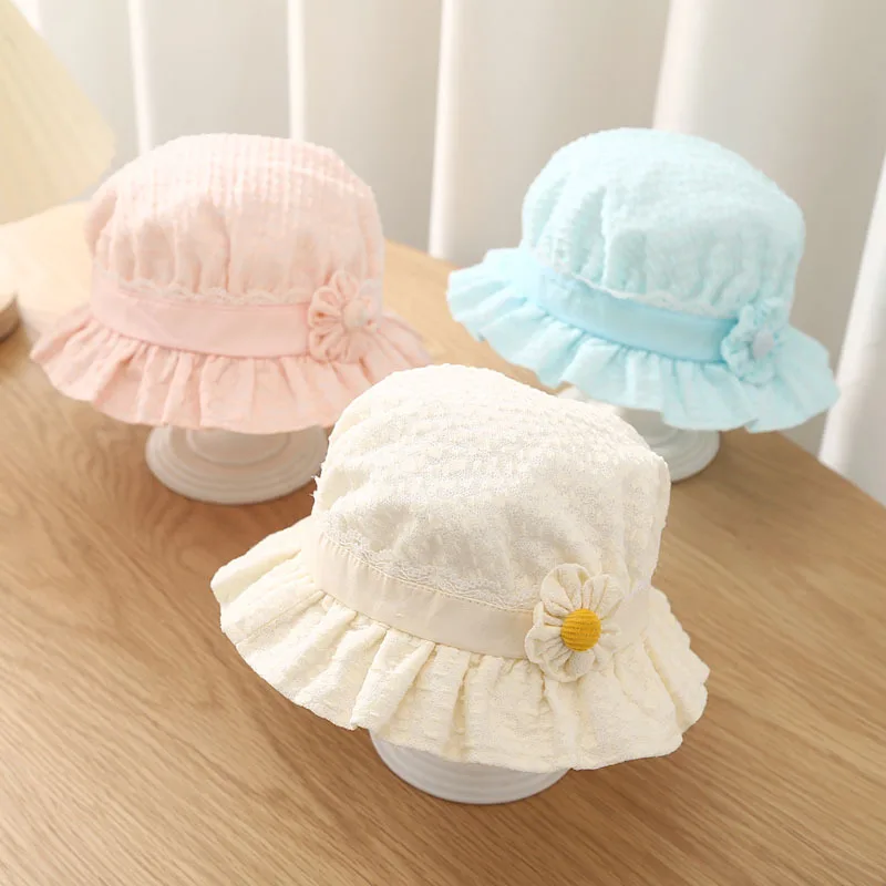 

0-8 Months Baby Sunscreen Hat Lovely Flower Infant Fisherman Caps Lace Ruffle Princess Toddler Bucket Cap Summer Newborn Sun Hat