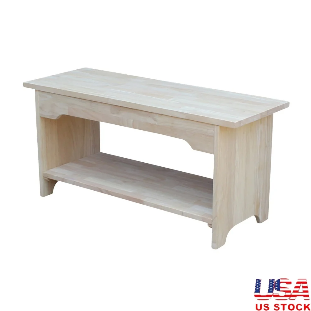 

Solid Wood Indoor Bench 36 Inch Durable Unfinished Rubberwood Storage Shelf Traditional Design Easy Assembly